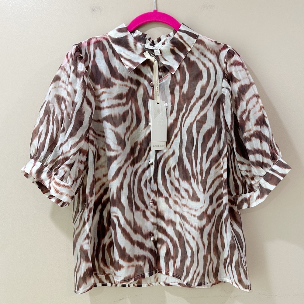 NWT Lucky & Coco Women's M Zebra  Sheer Button Up Puff Sleeve Top Brown Cream